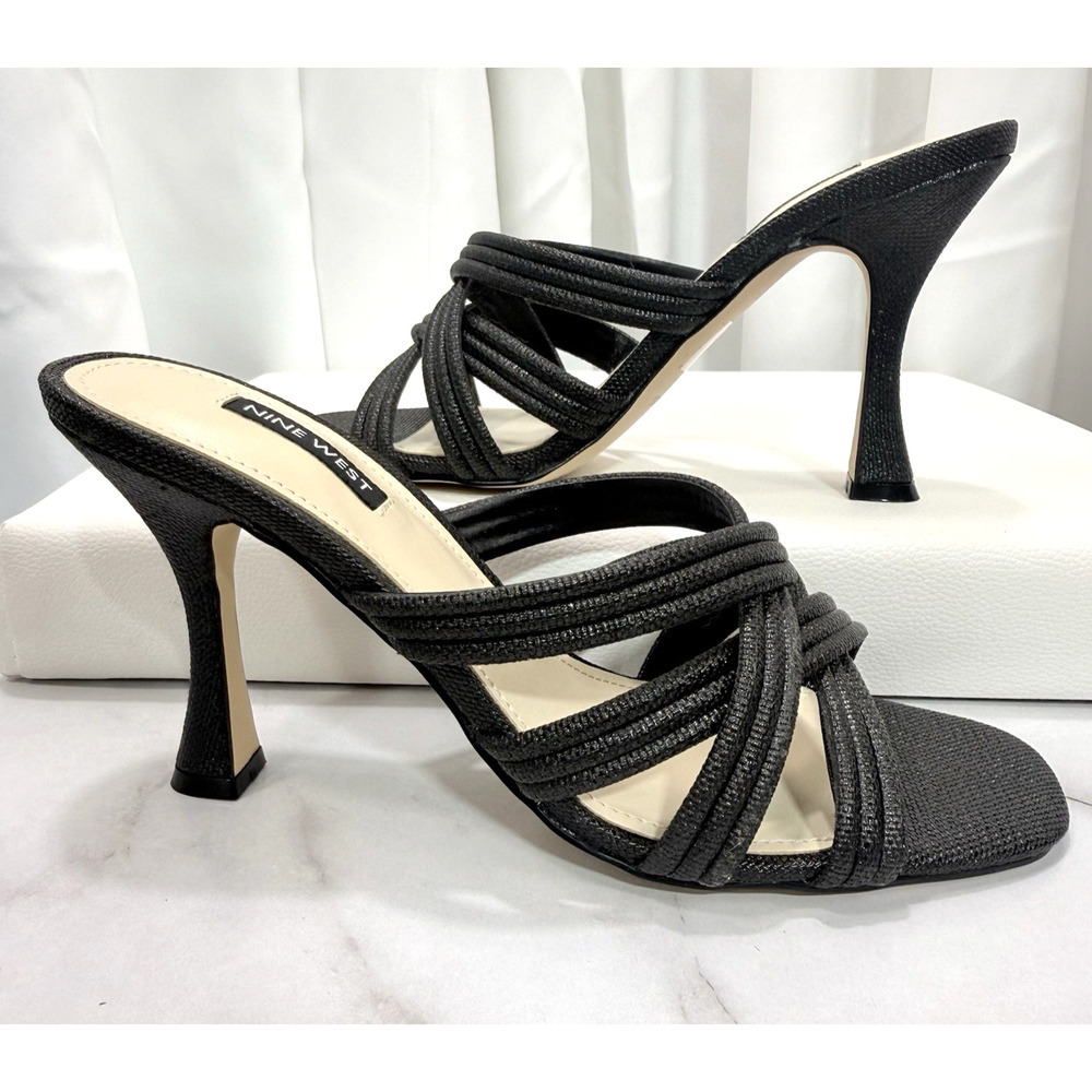 Nine West Black Heel Woven Crisscross Strap Slide Sandal Size 8M - Picture 2 of 9